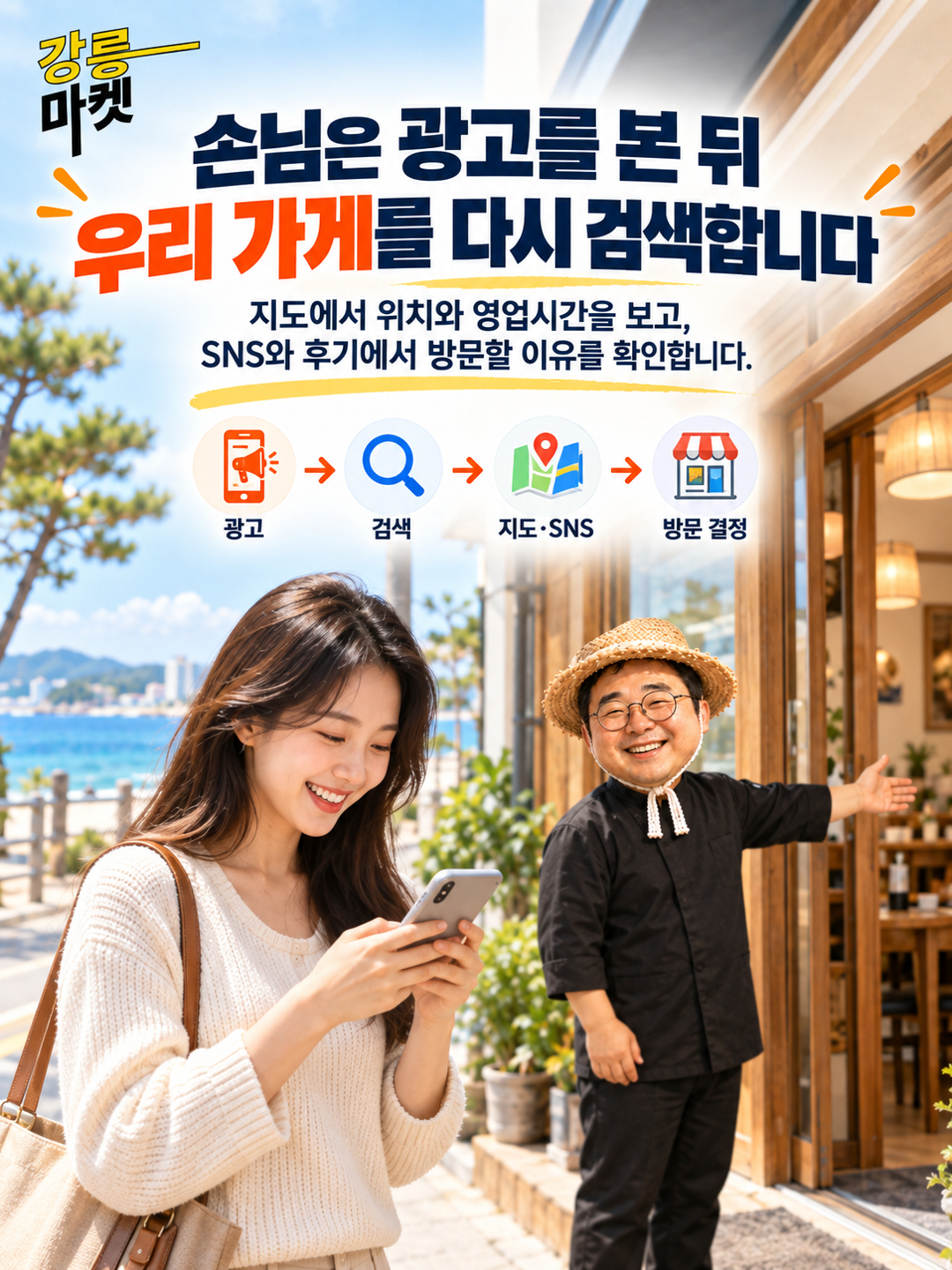 광고를 본 뒤 가게를 다시 검색하고 지도와 SNS, 후기를 확인하는 고객의 이동 경로