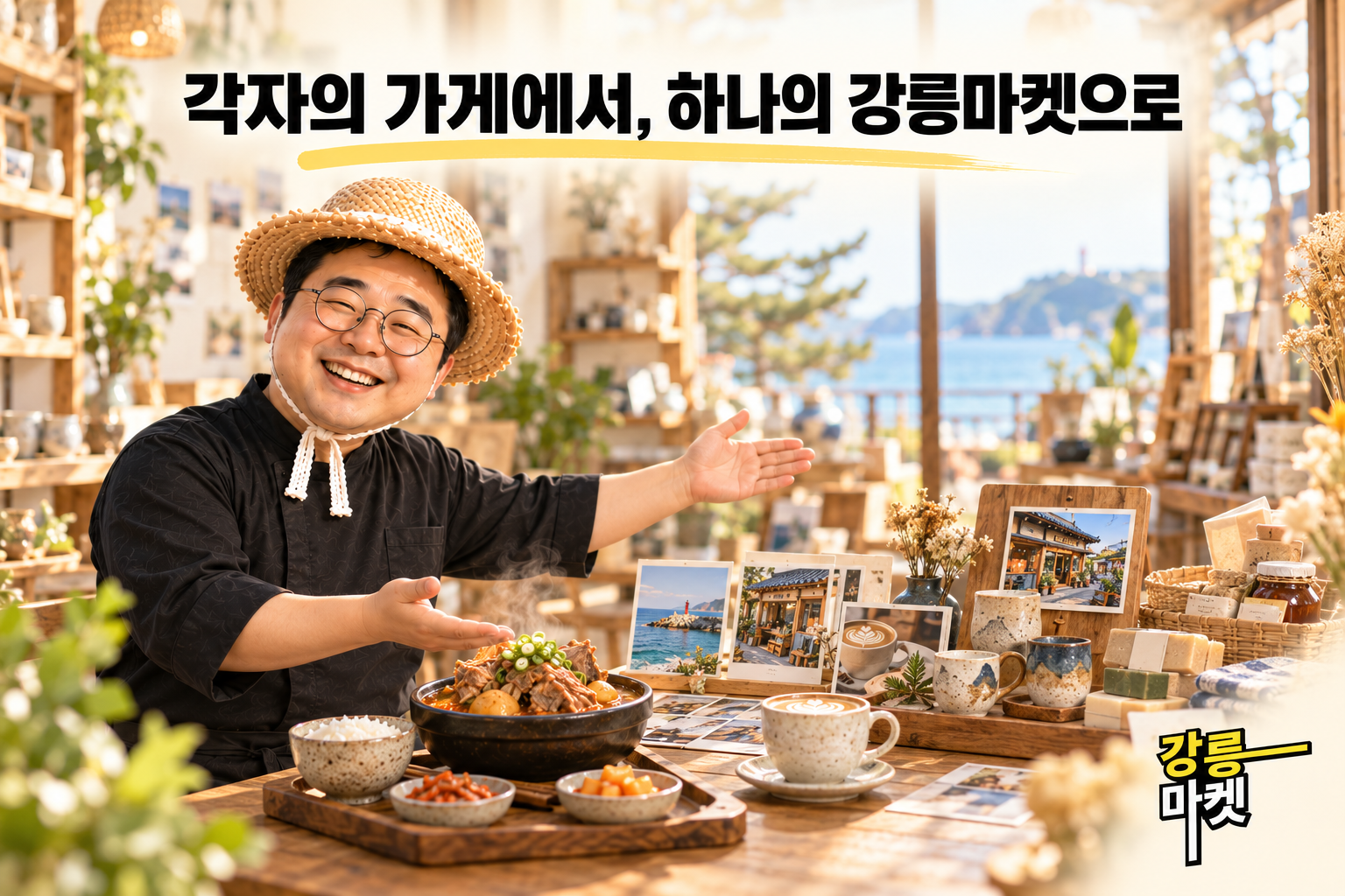 김사장이 가게 사진과 감자탕·커피·공방 상품을 소개하는 모습