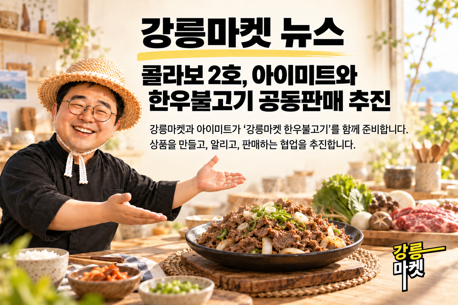 강릉마켓 뉴스: 김사장이 아이미트와 준비하는 한우불고기 협업을 소개하는 구상 이미지