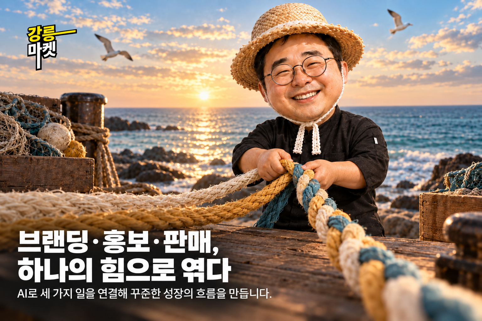 바닷가에서 세 밧줄을 함께 잡은 감자탕 김사장과 브랜딩·홍보·판매를 연결하는 메시지